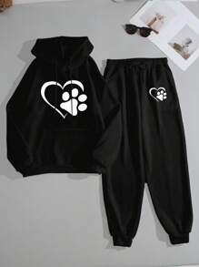 INAWLY Conjunto de sudadera con capucha y pantalón de chándal con diseño minimalista casual de huella de pata y corazón - Negro - Ver 1