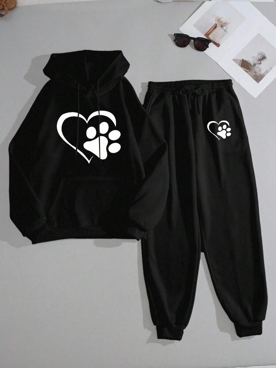 INAWLY Conjunto de sudadera con capucha y pantalón de chándal con diseño minimalista casual de huella de pata y corazón - Negro - Ver 1