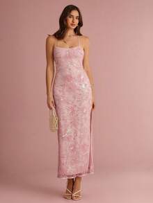 Enchnt Spring/Summer Romantic Women's Sequin Floral Embroidery Spaghetti Strap Fitted Maxi Dress,Chic&Elegant For Party&Date&Holiday&Graduation&Going Out - Pink - View 1
