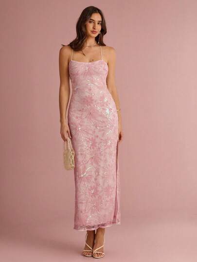 Enchnt Spring/Summer Romantic Women's Sequin Floral Embroidery Spaghetti Strap Fitted Maxi Dress,Chic&Elegant For Party&Date&Holiday&Graduation&Going Out