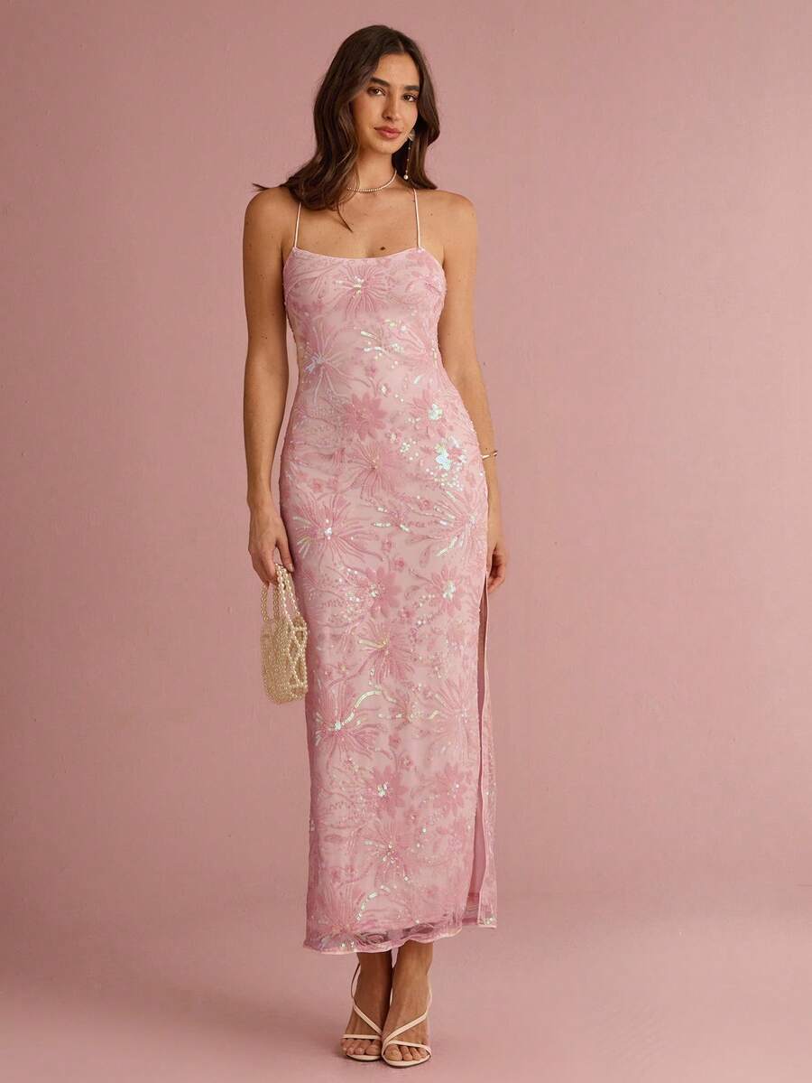 Enchnt Spring/Summer Romantic Women's Sequin Floral Embroidery Spaghetti Strap Fitted Maxi Dress,Chic&Elegant For Party&Date&Holiday&Graduation&Going Out - Pink - View 1