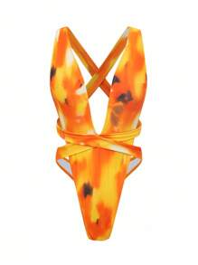 Swim SXY 女士热带印花露背性感连体泳衣，夏季度假 - 彩色 - 查看 6