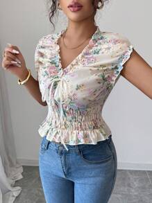 Elenzga Áo cánh thắt nơ cổ chữ V thêu hoa rỗng ở eo - Màu be - Xem 3