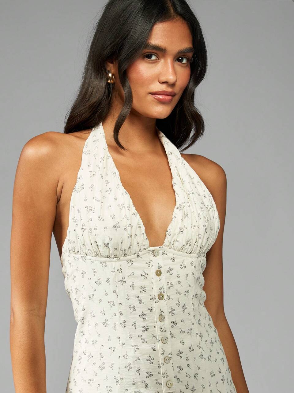 MISSGUIDED Delicate Floral Button Front Halter Midi Dress Summer Wedding Guest Empire Waist Tea Party Garden Sundress Vintage Inspired Feminine Design