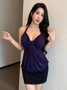 SHEIN LUNE Women's Casual Deep V-Neck Halter Front Adjustable Ruffle Hem Cami Top, Purple - Purple - View 5