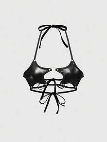 ROMWE Grunge Punk Punk Pentagram Rivet Lace-Up Crop Top - Black - View 1