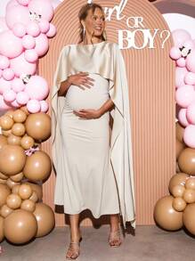 Loomaby 优雅孕妇派对纯色斗篷袖连衣裙性别揭示连衣裙孕妇装婴儿洗礼连衣裙 - 杏色 - 查看 1