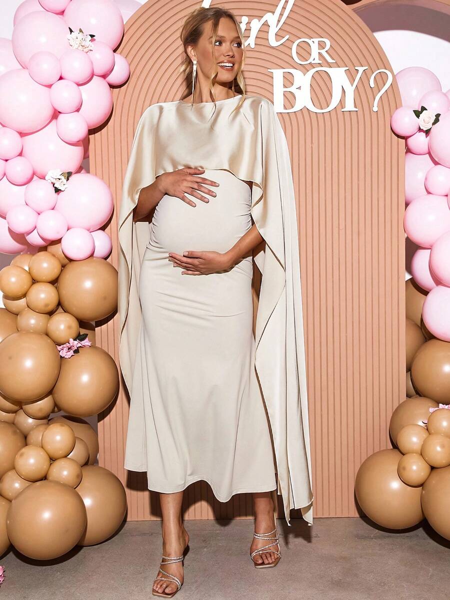 Loomaby 优雅孕妇派对纯色斗篷袖连衣裙性别揭示连衣裙孕妇装婴儿洗礼连衣裙 - 杏色 - 查看 1