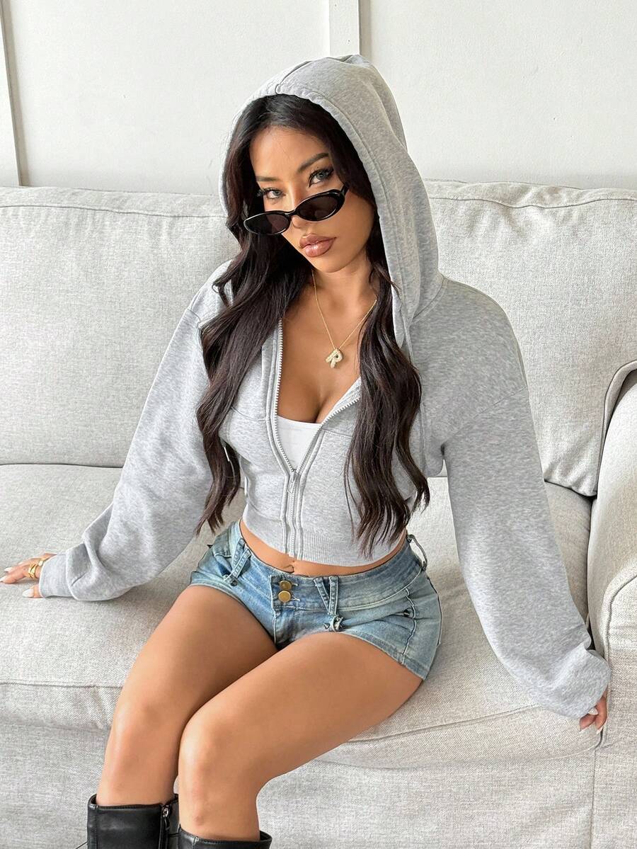 Rina Fox Y2K Street Sexy Long Sleeve Solid Color Grey Casual Crop Hoodie Zip-Up Sweatshirt With Pocket - Light Grey - View 1