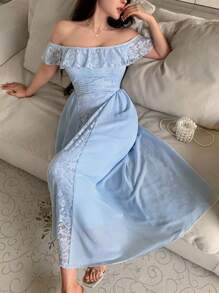 Modelyn Damen Chiffon Kleid mit Spitzeneinsätzen, carmen-Ausschnitt und geschmückter Taille für den Sommer