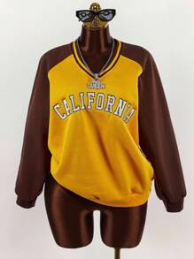 Amplova 宽松撞色拼接插肩袖运动衫，学院风女式秋冬装 - 黃色 - 查看 5