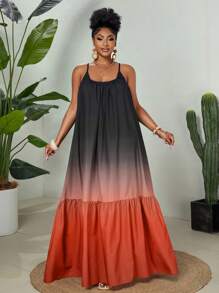 Maweii 2025年大码女式优雅日常休闲时尚撞色印花春夏梭织面料高级度假细肩带连衣裙 - 彩色 - 查看 4