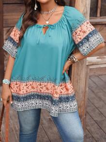 EMERY ROSE Plus Size Vacation Casual Color Block Ditsy Floral Shirt Boho Tops Plus Size Boho Blouses Boho Shirts Women Plus Size Summer Tops Fall Women Country Concert Rave Festival Western Wear Women Top - Multicolor - View 4