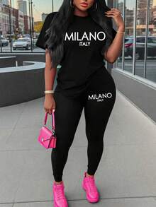 Maweii 2 件套女士加大码字母印花圆领短袖 T 恤和裤子，休闲装 - 黑色 - 查看 1