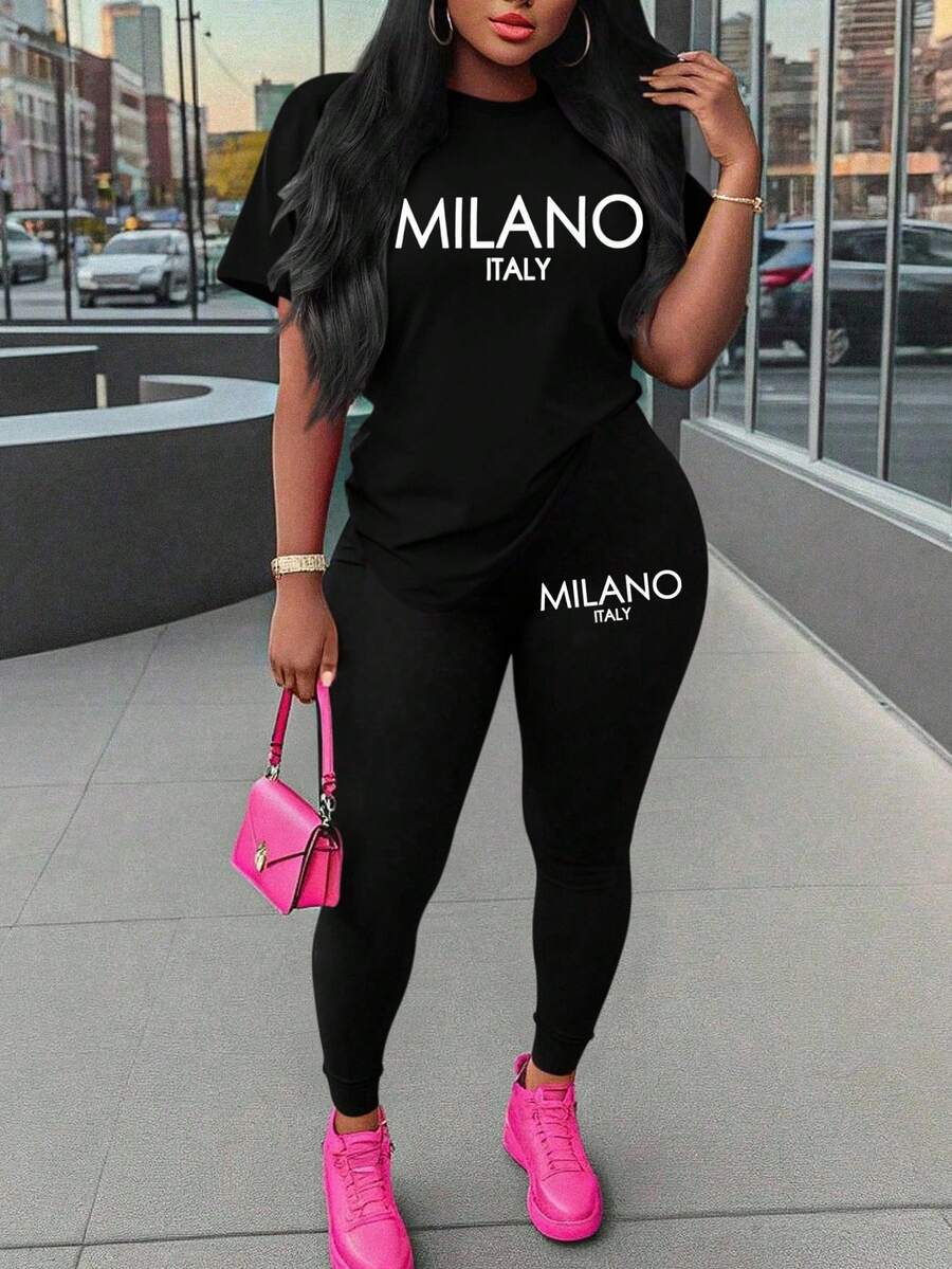 Maweii 2 件套女士加大码字母印花圆领短袖 T 恤和裤子，休闲装 - 黑色 - 查看 1