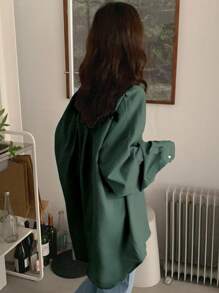 Women's Solid Color Long Sleeve Single-Breasted Loose Business Casual Shirt,Fall Clothes - Dark Green - View 3