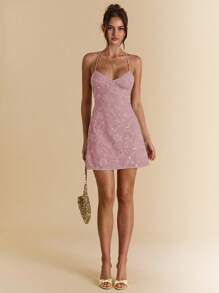 SHEIN BAE 夏季女式露背亮片提花绿色度假迷你连衣裙 - 藕粉色 - 查看 7