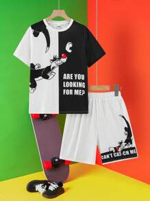 LOONEY TUNES X SHEIN 青少年男孩卡通字母图案短袖T恤和短裤套装 - 彩色 - 查看 1