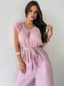 Firerie Women's Elegant Romantic Pleated Waist V-Neck Shirt And High Waist Long Pants 2 Pieces Suit Set, Fashion Commuting Daily Wear, Light Pink, Teacher Outfits For Women - Dusty Pink - View 6