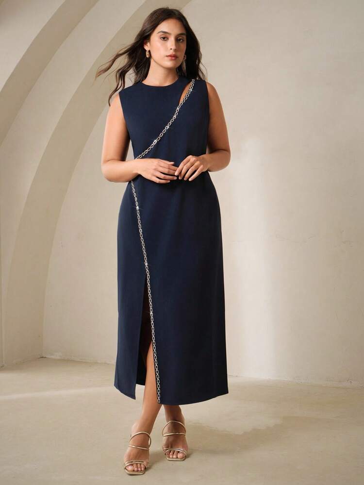 High-End Luxury Design Hollow Chain Long Sleeve Slit Bodycon Dress, Suitable For Wedding Guest