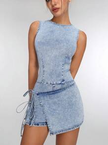 Jeanoix 圆领弹力带修身洗水牛仔连身连衣裙 - 淺色水洗藍 - 查看 5