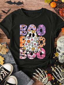 Calvaya BOO Floral Ghost Print Crew Neck Halloween Plus Size T-Shirt
