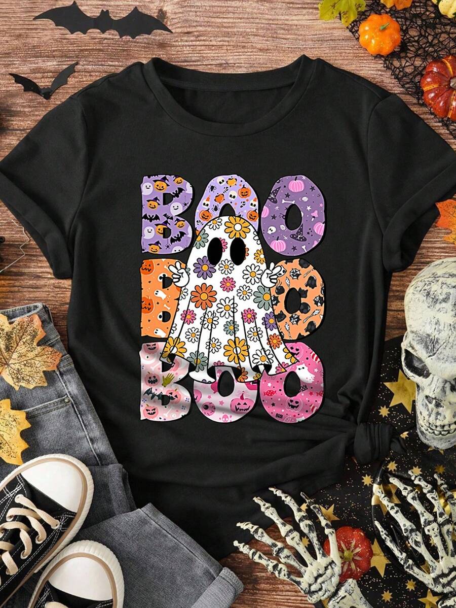Calvaya BOO Floral Ghost Print Crew Neck Halloween Plus Size T-Shirt