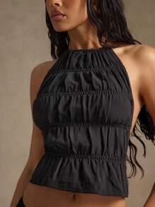 Hauture 性感夏季休闲纯色褶皱吊带上衣 - 黑色 - 查看 5