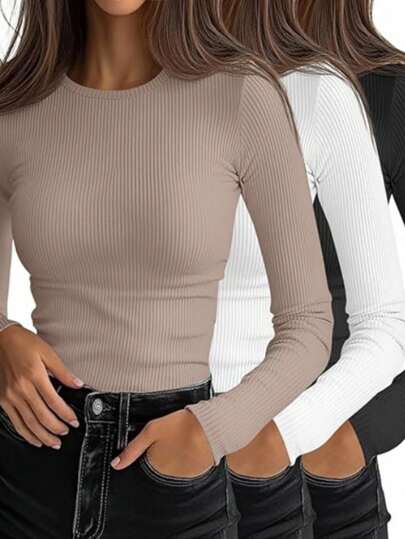 INAWLY 3pcs Women All-Match Solid Color Slim Fit Long Sleeve T-Shirts, Versatile Fall Cloth For Women