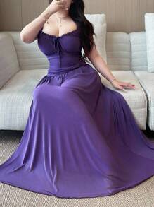 Flirla 大码女式方领荷叶边下摆短袖不对称 A 字形网眼覆盖长裙，优雅复古休闲度假连衣裙 - 紫色 - 查看 1