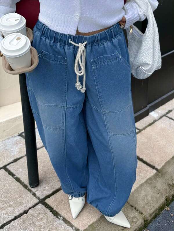 SHEIN EZwear 全新夏季西部女装海滩必备女式休闲街头抽绳腰部宽松锥形牛仔裤