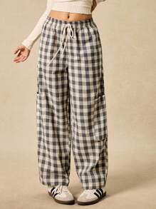 Easelle Casual Retro Plaid Loose Pocket Elastic Waist Women's Pants Gingham Pants Checkered Pants Plaid Pants Women Pants Loungewear Pants