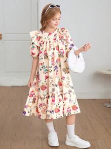 SHEIN Leap Crew Tween Girls Oversized Vintage Cartoon Pattern Ruffle Hem Bubble Short Sleeve Dress - Apricot - View 4