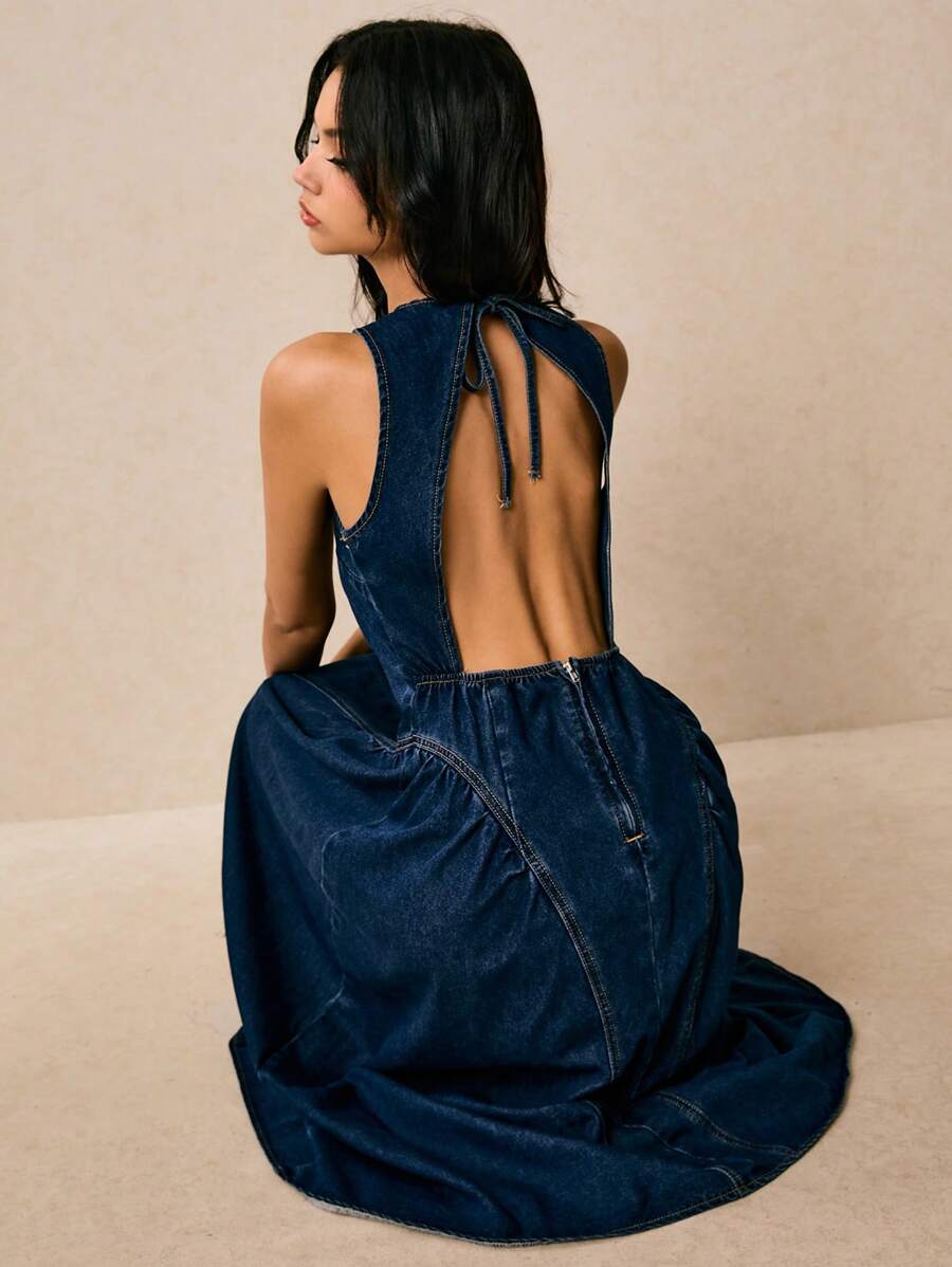 Poéselle 女式圆领无袖露背喇叭牛仔连衣裙，夏季时尚 - 深色水洗藍 - 查看 1