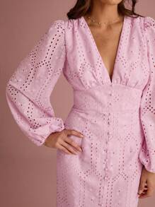 Enchnt Summer/Fall Romantic Women's Pink Floral Hollow Embroidery V-Neck Lantern Sleeve High Slit Maxi Dress - Pink - View 3