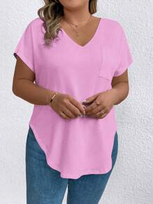 EMERY ROSE Plus Size Casual Versatile Minimalist Solid Color Curved Hem T-Shirt, Summer - Pink - View 4