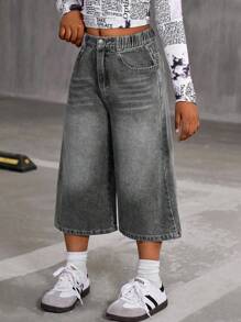 Sparklyn 女童超大水洗柔软复古休闲阔腿牛仔短裤，薄款面料，适合春夏季 - 黑色 - 查看 5