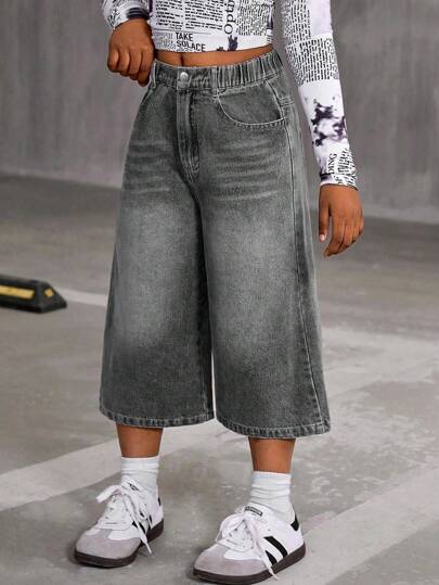 Girls' Y2K Style Black & Grey Distressed Denim Mid-Length Wide Leg Jeans, Loose Fit, Comfortable Fabric, Vintage Streetwear Fashion, Versatile