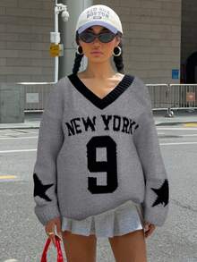 SHEIN 少女撞色V领休闲宽松英伦星形图案套头毛衣，黑灰色纽约风毛衣，秋冬季 - 灰色 - 查看 4
