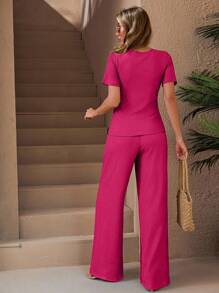 EURMUSE ÁO PHÔNG MÀU TRẮNG KẾT CẤU & QUẦN CO GIÃN CO GIÃN VÒNG EO THẲNG TEXTU BỘ QUẦN - Màu Hồng Tươi - Xem 2