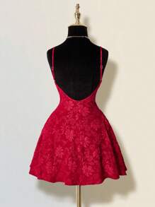 SHEIN ICON Women's Dark Pattern Mini A-Line Flowy Dress, Solid Red Color, Sexy Elegant Deep V Neck Backless Peplum Bodycon Party Dress Red Homecoming Dress - Red - View 2