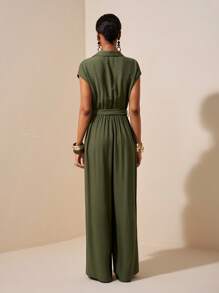 Zivah New Summer Casual Simple Basic Style Daily Dating Commuting Elegant Lapel Sleeveless Wide Shoulder Cross Strap Waist Wide Leg Straight Pants Green Women's Jumpsuit-A Green Jumpsuit Women Summer Jumpsuits For Women Casual Jumpsuits For Women Green Women Jumpsuit - Army Green - View 2