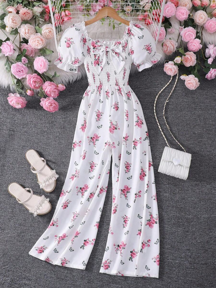 SHEIN Tween Girls' All Over Print Ruffled Collar Puff Sleeve Jumpsuit, Holiday Vibe For Summer - Pink - View 1