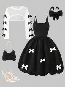 SHEIN ChillGRL 青少年女孩蝴蝶结网眼衬衫和蝴蝶结系带泡泡袖多层连衣裙两件套 - 黑色 - 查看 1