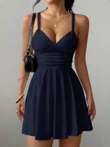 Zielony 女士 V 领针织收腰 A 字性感优雅细肩带短款连衣裙 - 藏蓝色 - 查看 3