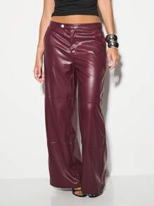 KIZN Weitgeschnittene Fake-Leder-Hose mit weitem Bein, Glockenform, retro Palazzo Stil, elegant für Herbst/Winter, klassisches Design mit hoher Taille, moderne Silhouette, Premium Club Party - Rot-violett - Übersicht 1