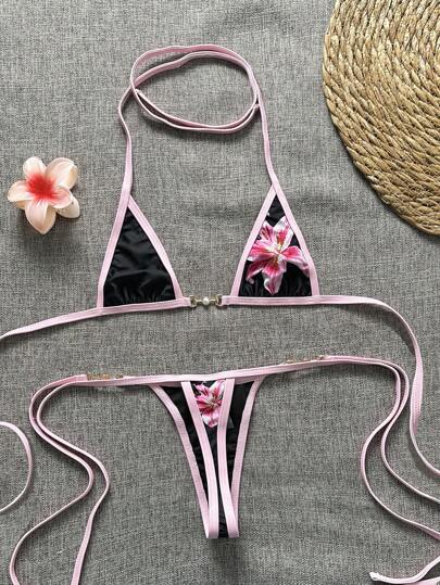 Swim Vcay 2 sztuki kwiatowy nadruk spaghetti strap backless micro bikini top i stringi figi seksowny zestaw bikini dla kobiet