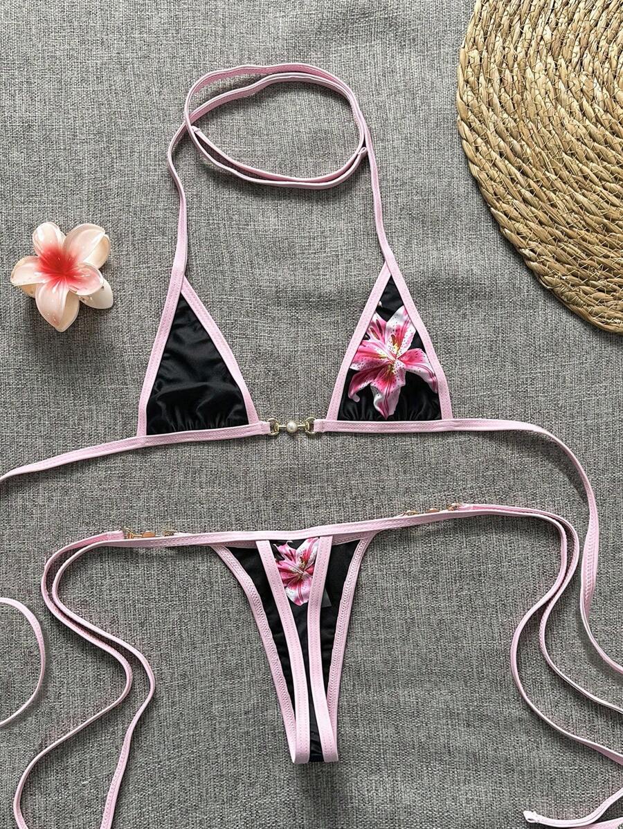 Swim Vcay 2 件套花卉印花细肩带露背超短比基尼上衣和丁字裤性感比基尼套装女式 - 彩色 - 查看 1