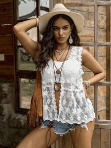 LanaWest Women Mesh Embroidered Patchwork Ruffled Hem Camisole