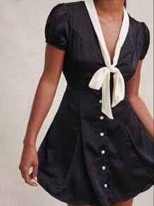 NYA SZN Black And Cream Summer 1960s Vintage Tea Party Dress,Short Sleeve V Neck Satin Mini For Women,Casual Business Office Wedding Guest Bridal Vacation - Black - View 6